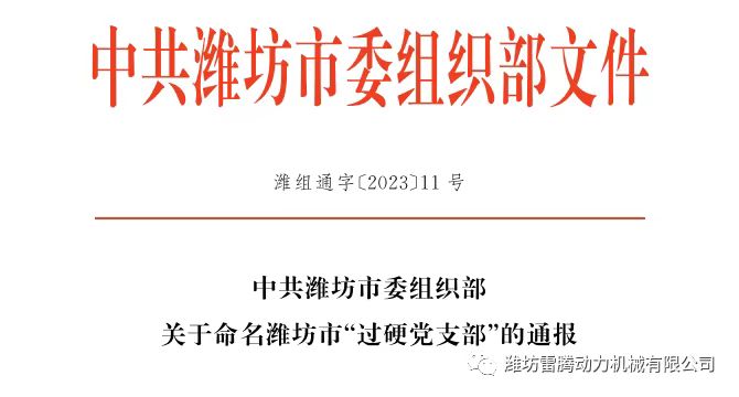 喜报！雷腾动力党支部荣获潍坊市“过硬党支部”荣誉称号
